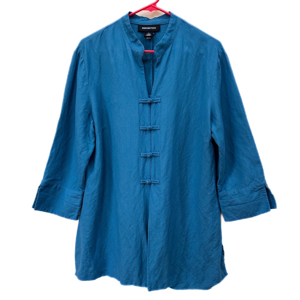 Norton Studio Shanghai Asian Knot Button Front Jacket Linen Blend 3/4 Sleeves